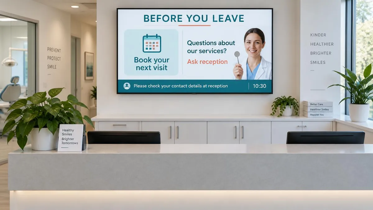 Dental reception screen reminding visitors to book their next visit and ask reception about services