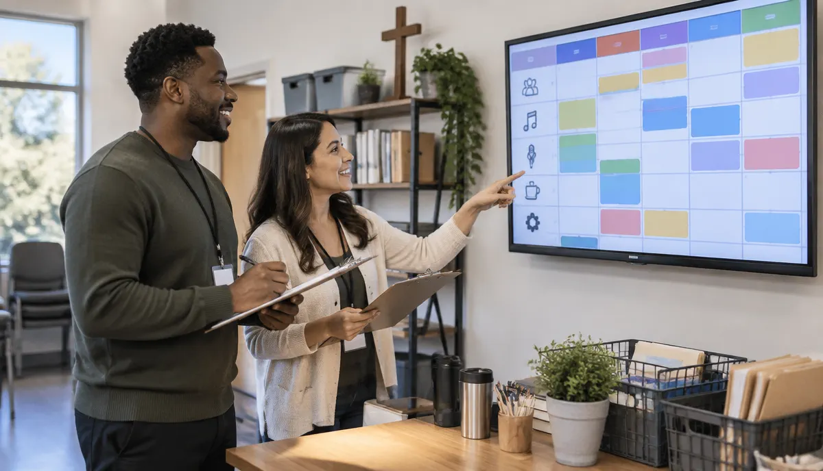 Church volunteers reviewing a digital service schedule on a staff-room display
