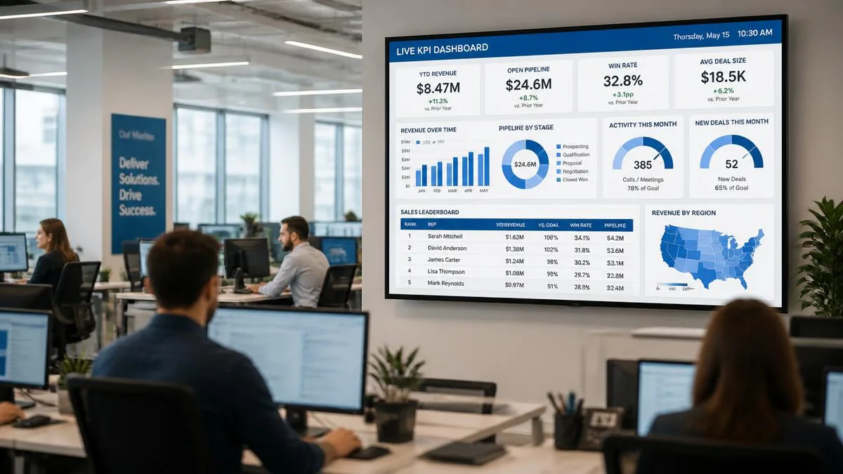 Wall-mounted office screen showing a live KPI dashboard with revenue charts, win rate, and a sales leaderboard on a sales floor