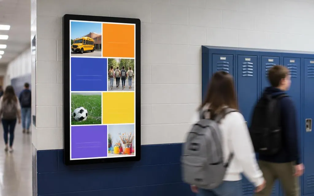 Wall-mounted vertical digital bulletin board in a school hallway showing rotating announcement cards beside lockers