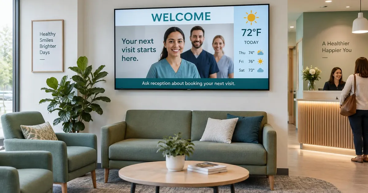 Dental office waiting-room screen showing a welcome, dental team photo, weather forecast and reception reminder