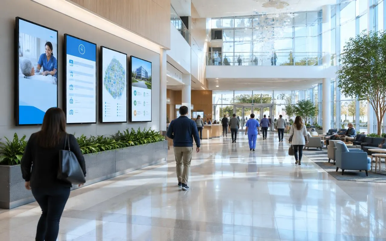 Row of digital signage screens in a hospital main entrance lobby showing visiting hours and campus information