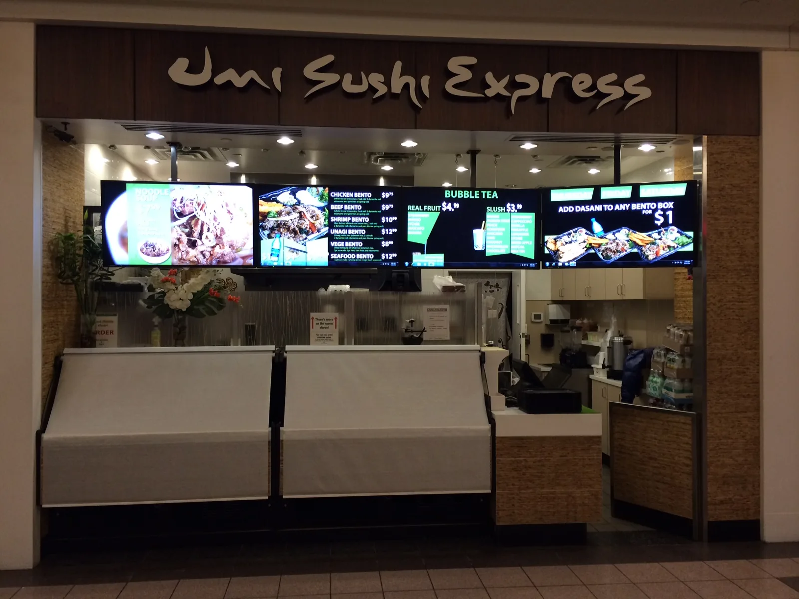 E Display Deploys Digital Menu Boards for Umi Sushi Express at Park Place Mall in Lethbridge Alberta.