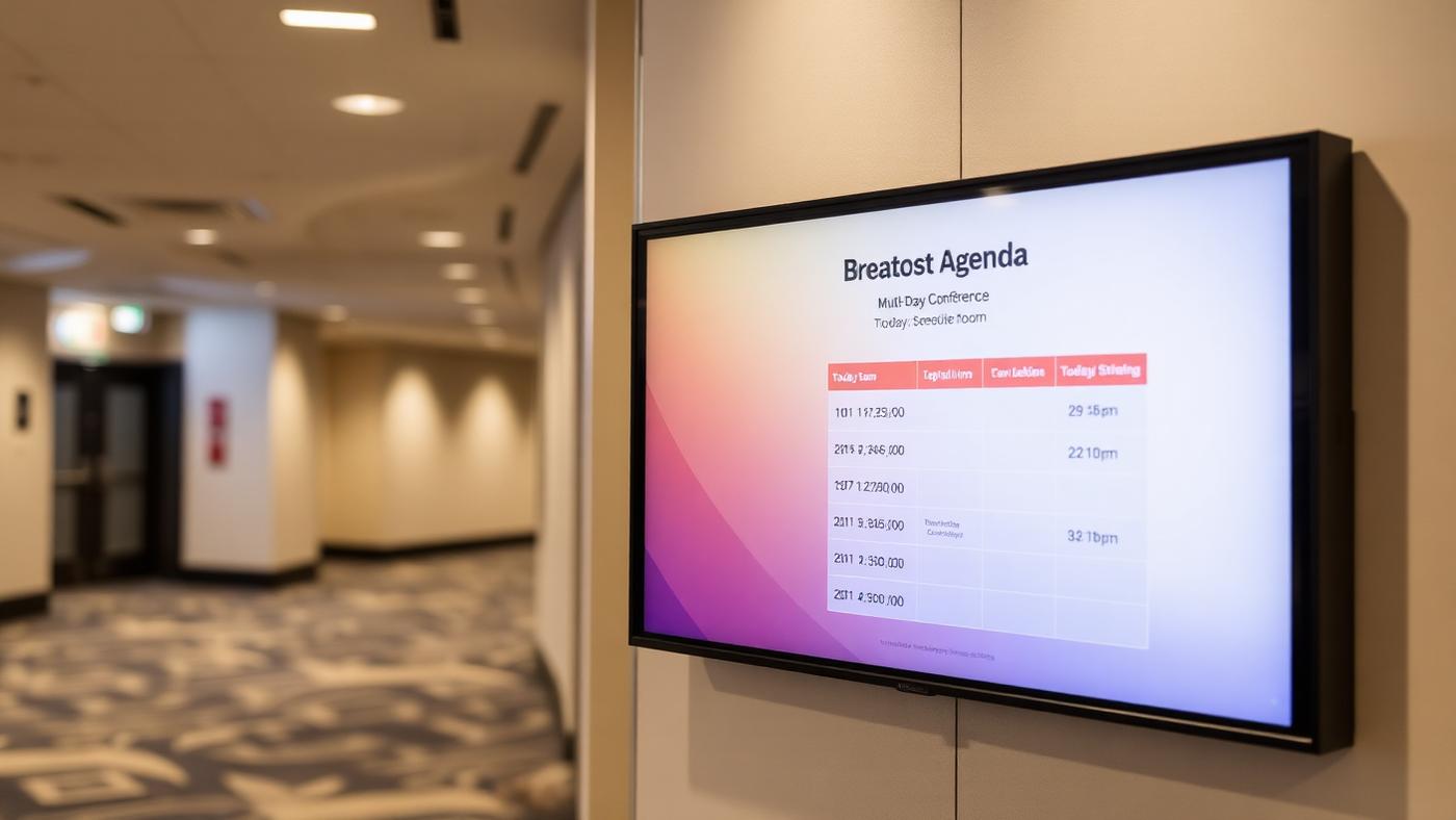 Wall-mounted digital conference agenda showing session times outside a breakout room