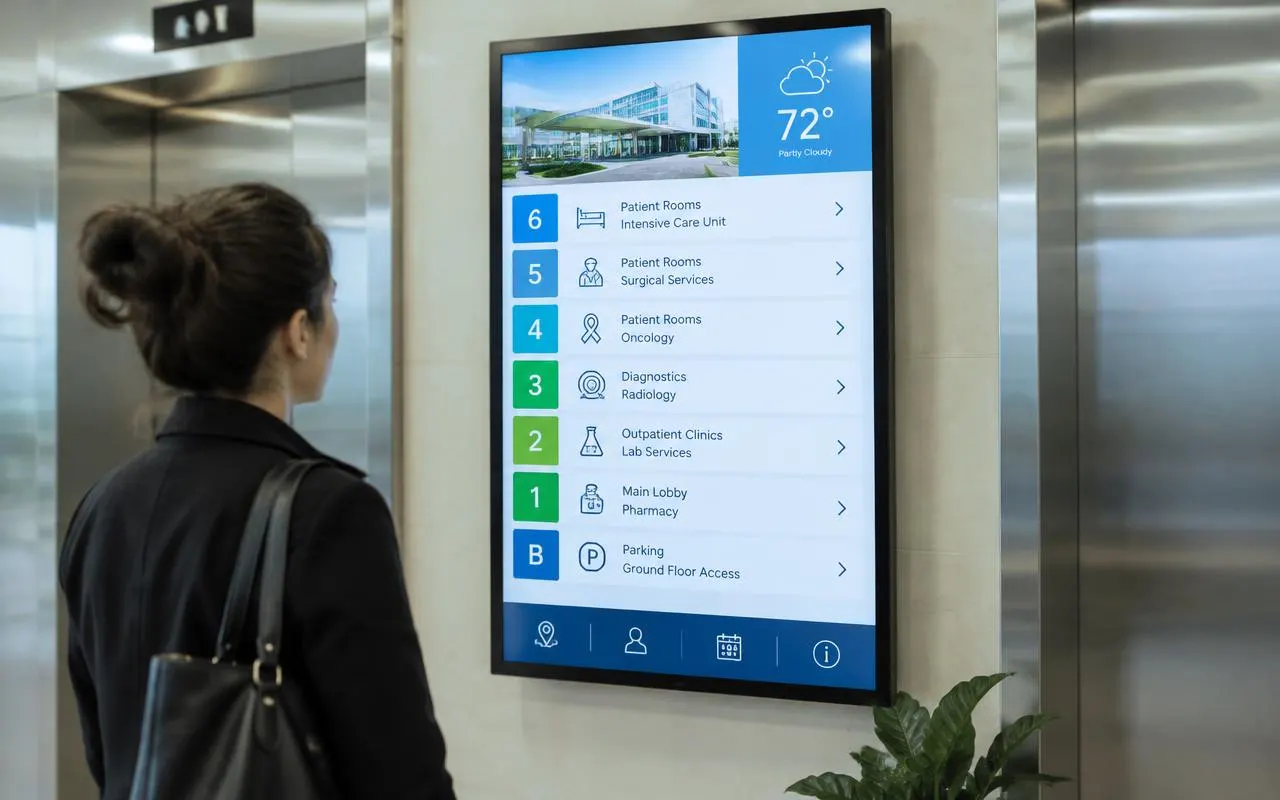Hospital digital directory by the elevators listing floors, departments and live weather