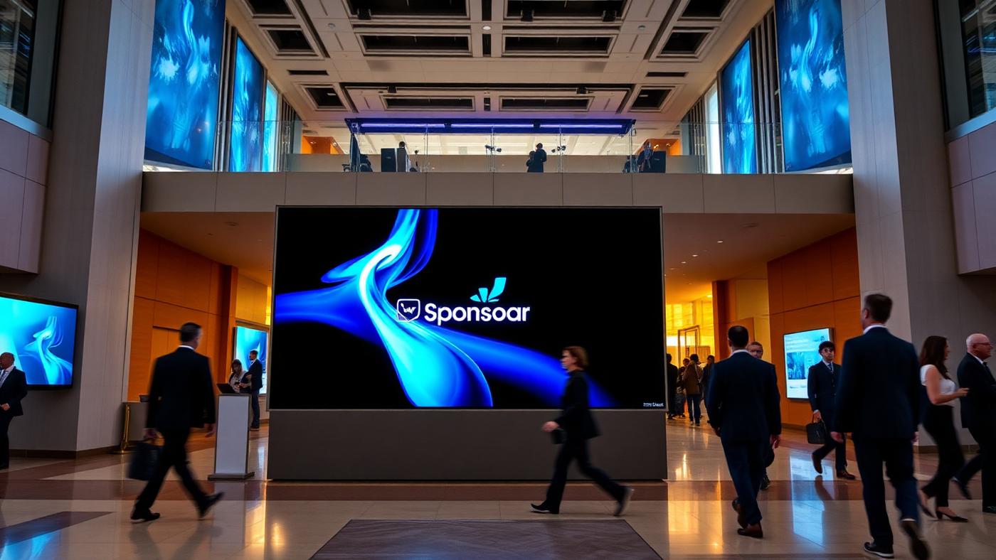 Large digital sponsor spotlight screen in a conference venue lobby with attendees walking past
