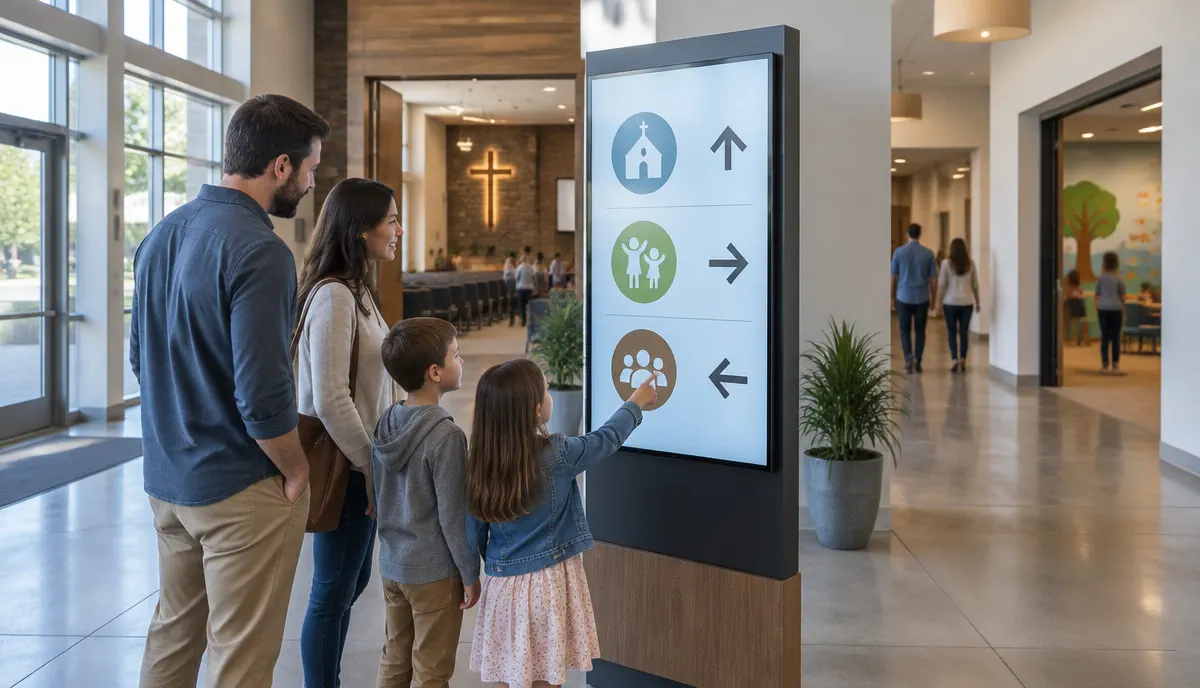 Family using a digital wayfinding screen in a church lobby to locate the sanctuary and children's area
