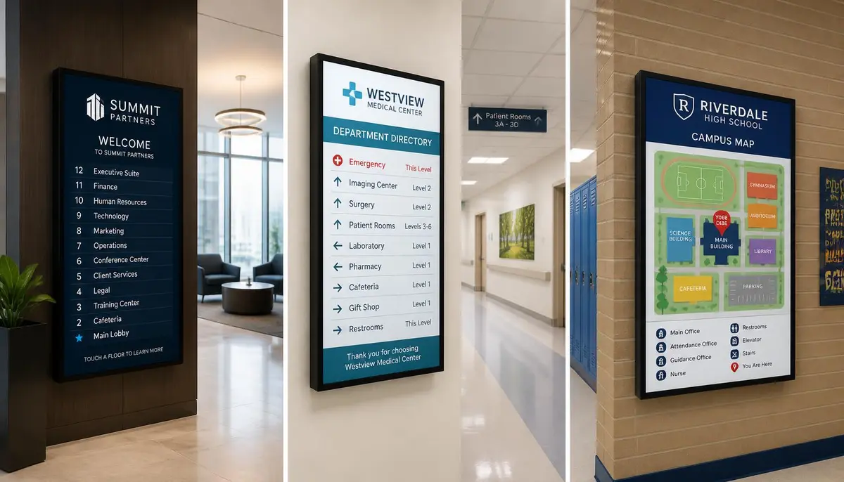 Digital wayfinding screens in three settings: an office lobby tenant directory, a hospital corridor department directory, and a school hallway campus map
