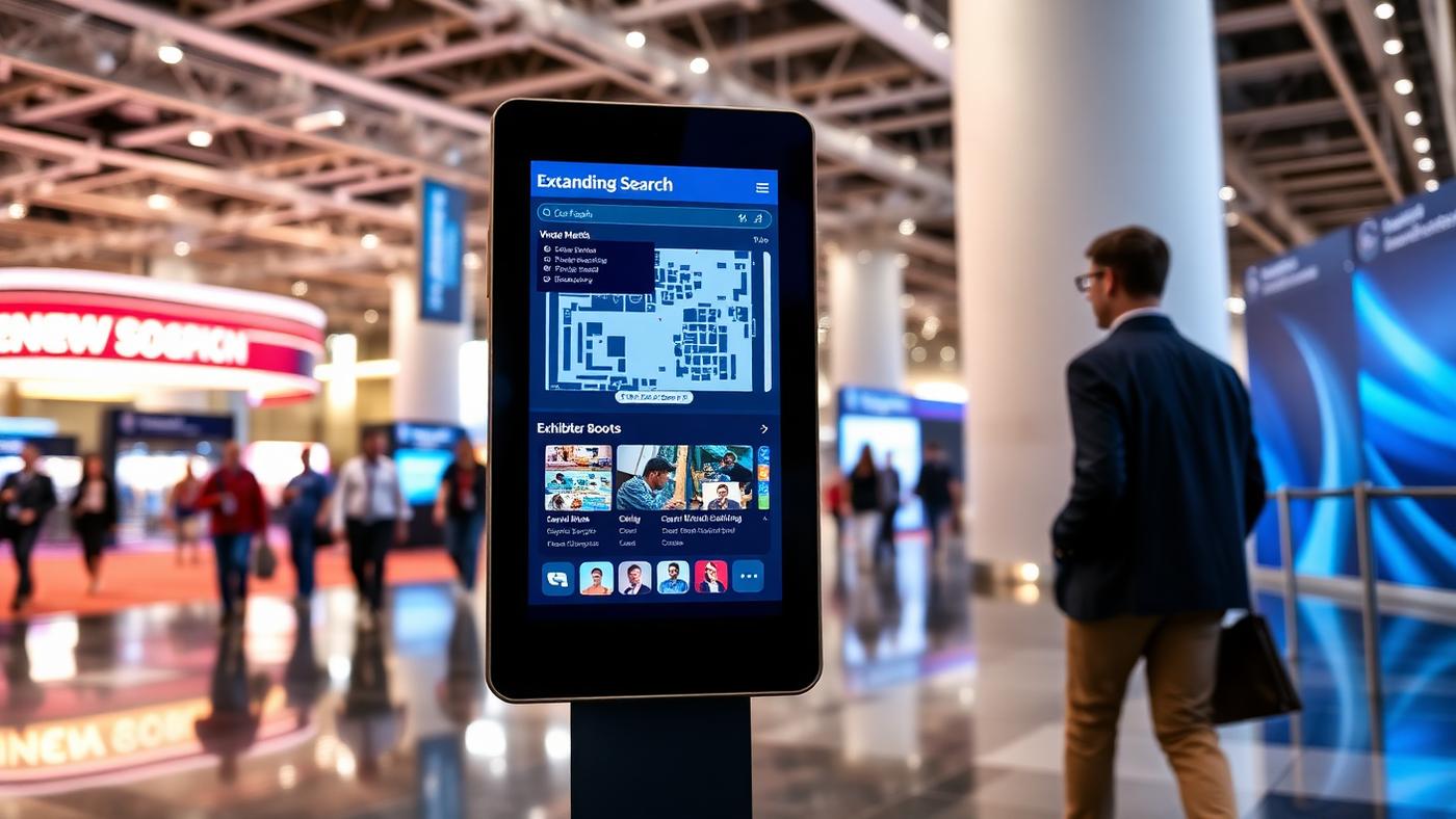 Interactive digital wayfinding kiosk showing a venue map and exhibitor search in a convention center