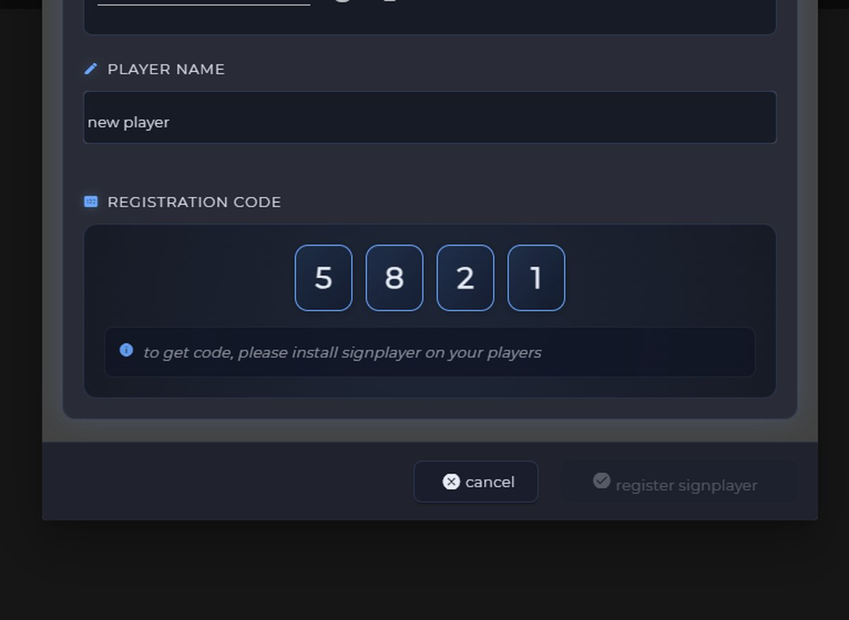 Sign Studio player registration screen showing the 4-digit pairing code for a new TX9 screen