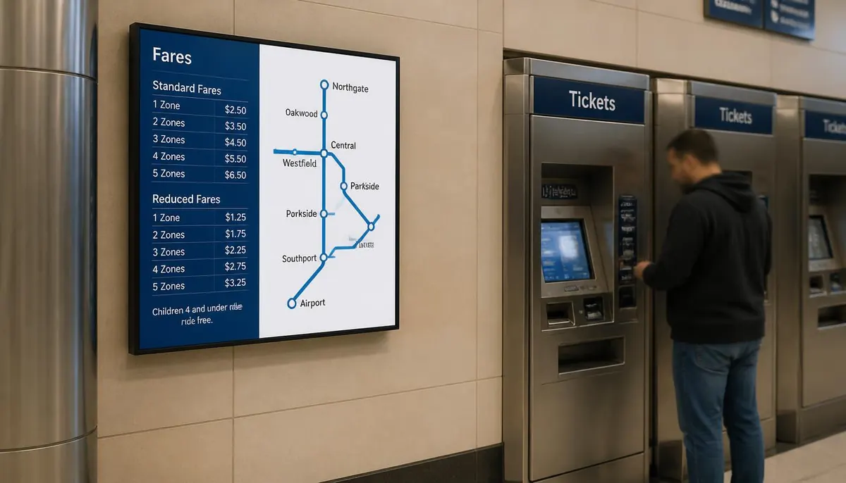 Wall-mounted digital screen beside transit ticket vending machines showing a zone fare table with prices and a simplified route map
