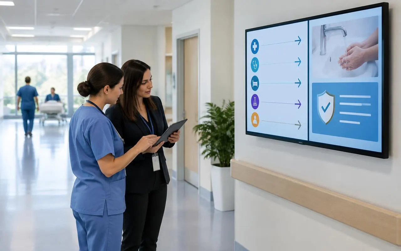 Nurse and communications staff approving content for a hospital corridor digital signage screen on a tablet