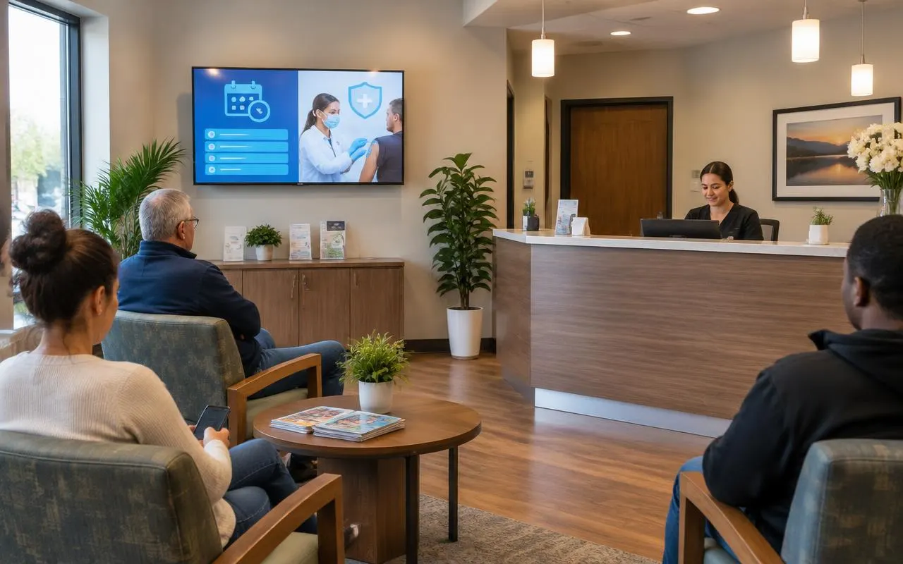 Clinic waiting room TV showing provider hours and a flu shot promotion beside the front desk