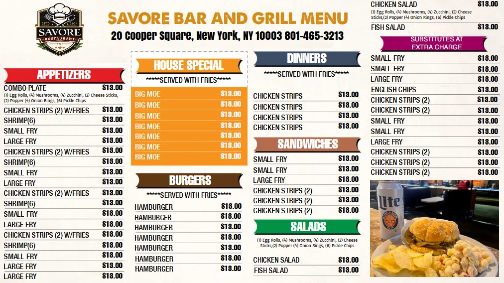 Bar and grill digital menu board template on a TV screen
