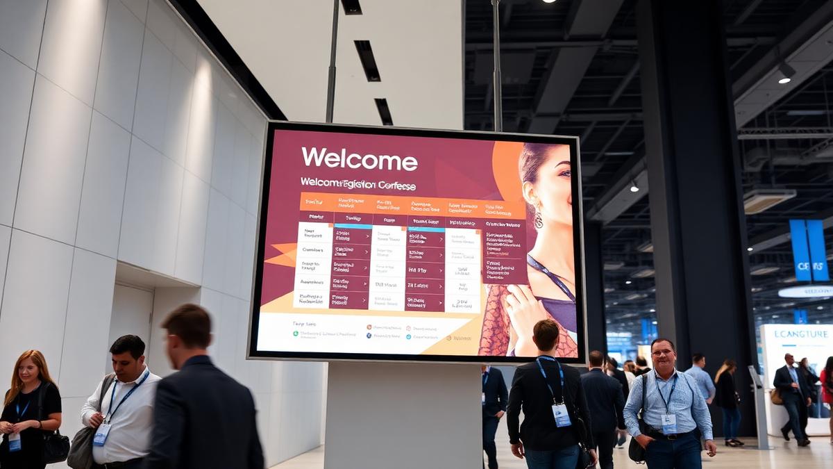 Conference registration lobby with a digital welcome screen showing event branding and attendee check-in information