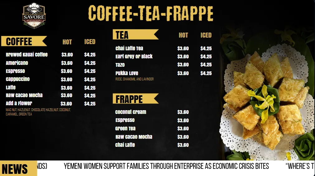 Modern cafe digital menu board template on a TV screen