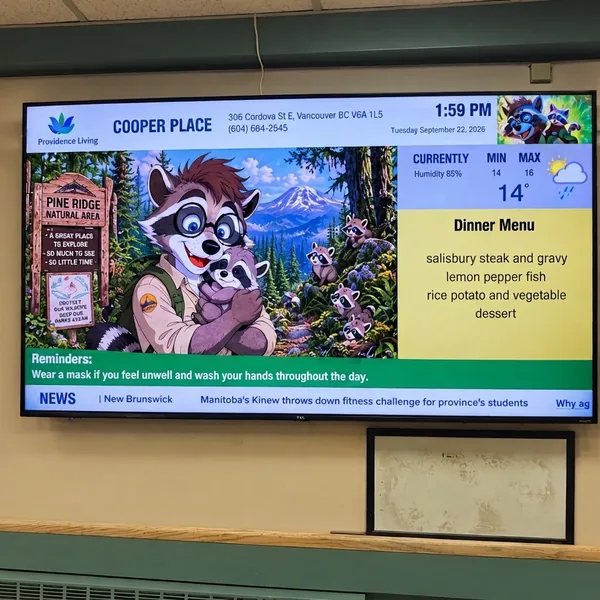 Healthcare digital signage screen at Cooper Place showing resident information, weather, dinner menu, reminders, and news