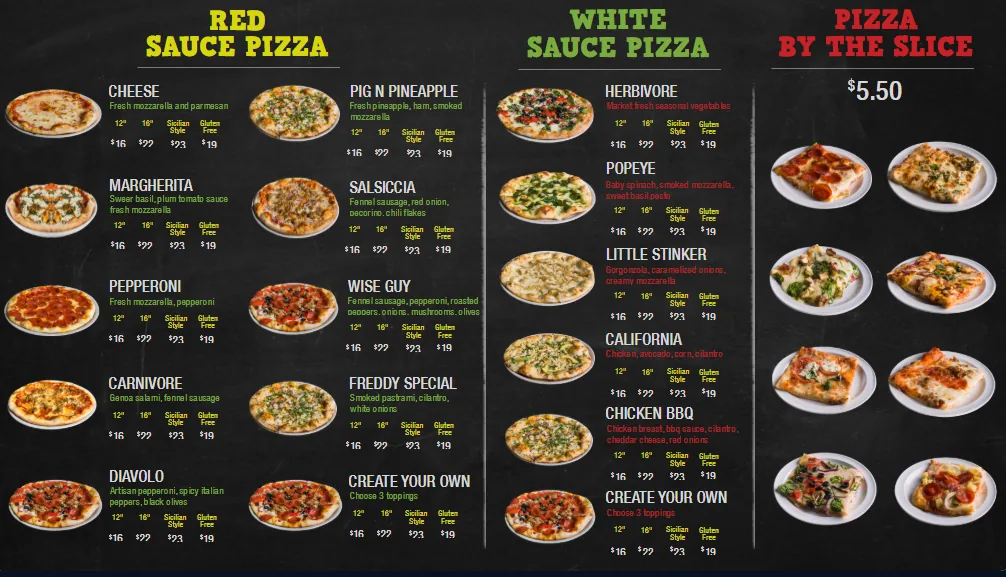 Pizza shop digital menu board template on a TV screen