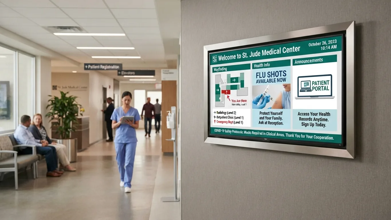 Hospital corridor with a wall-mounted digital signage screen showing wayfinding directions, health information and a flu clinic announcement