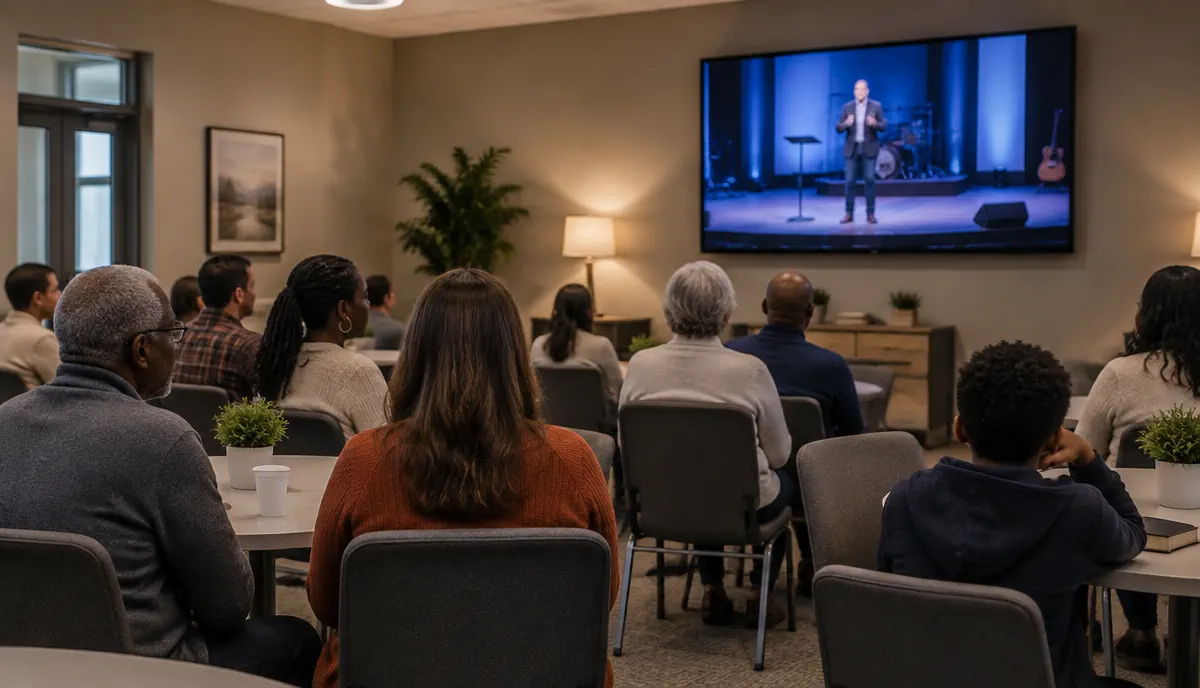 Congregation watching a live church service on a digital display in an overflow fellowship room