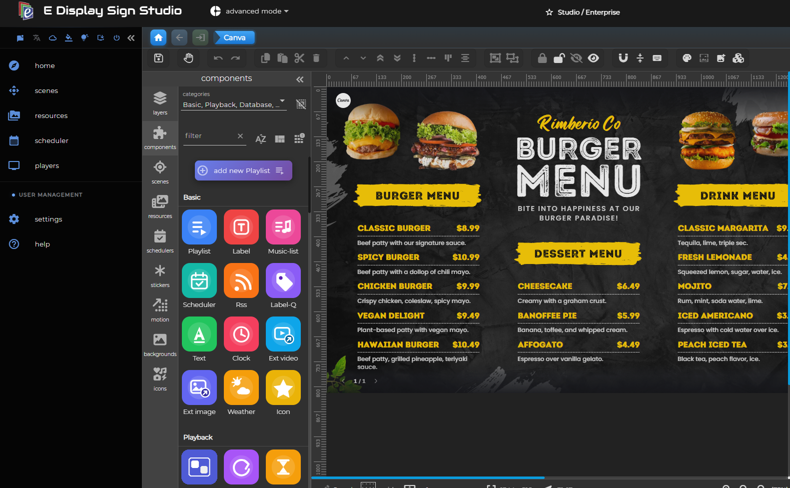E Display Sign Studio drag-and-drop editor showing a burger menu board design