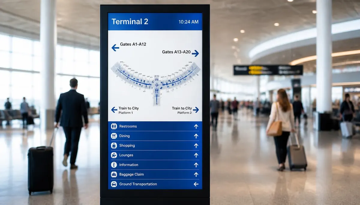 Portrait touchscreen wayfinding kiosk in an airport terminal showing a terminal map with gate directions and a directory of restrooms, dining and baggage claim