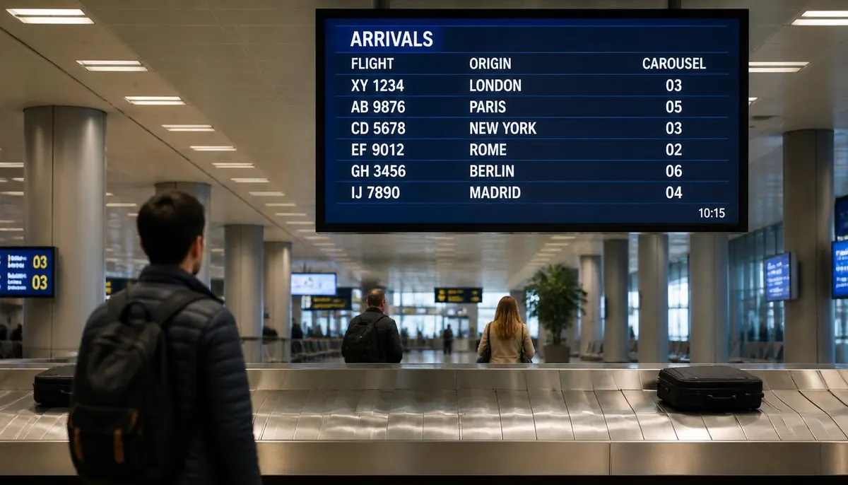 Overhead arrivals screen above an airport baggage carousel listing flight numbers, origin cities and carousel numbers