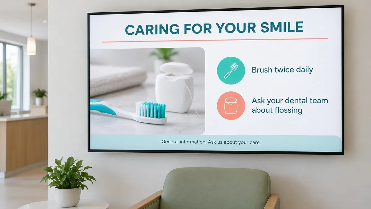 Dental waiting-room screen showing a toothbrush, floss and simple oral-health reminders