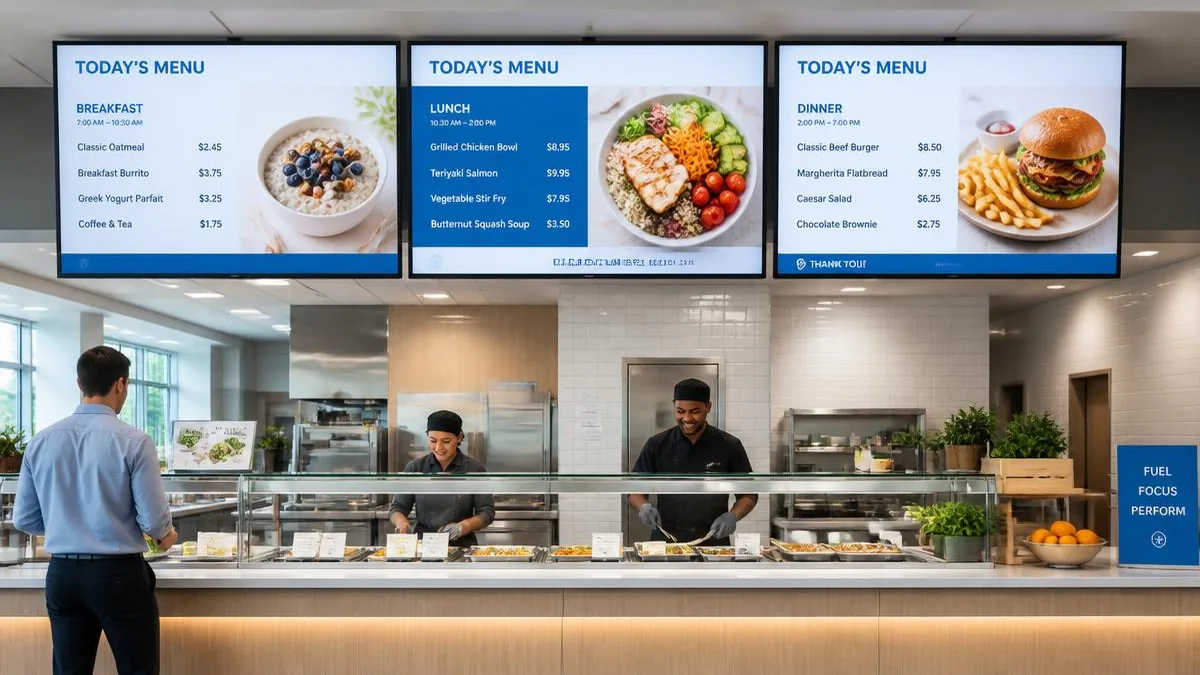Three digital menu board screens above a corporate cafeteria serving counter showing breakfast, lunch, and dinner items with prices