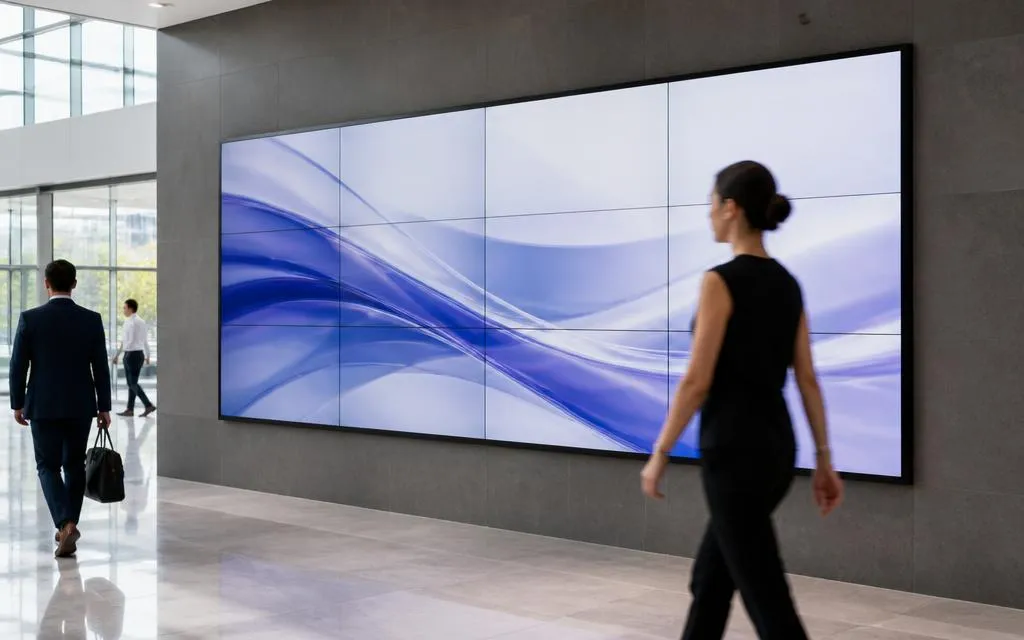 Multi-panel LCD video wall with thin bezels mounted in a modern corporate lobby as people walk past