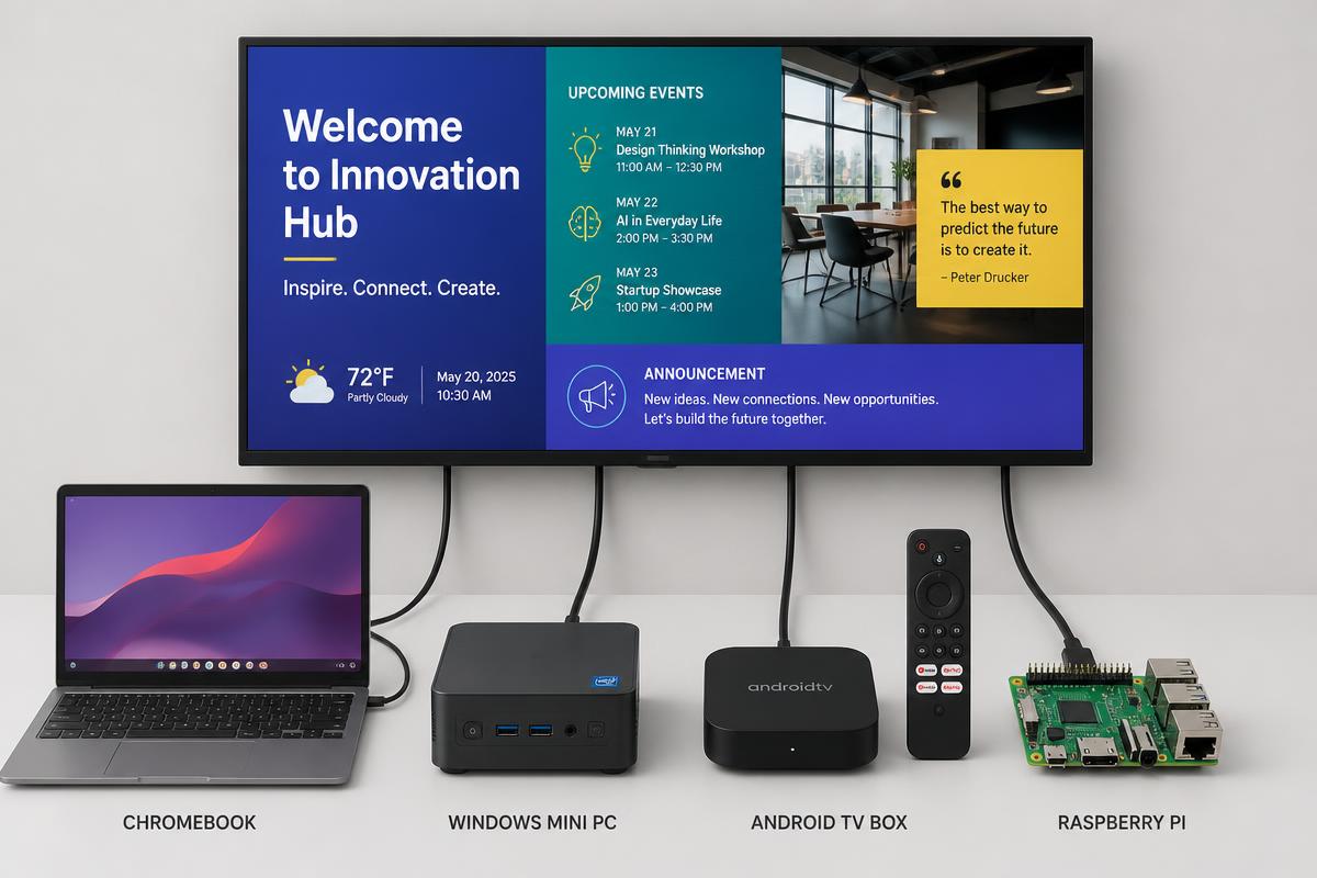 Chromebook, Windows mini PC, Android TV box and Raspberry Pi connected to a screen running digital signage