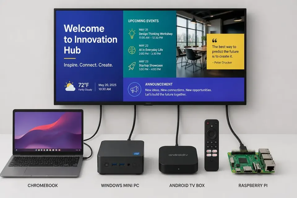 Chromebook, Windows mini PC, Android TV box and Raspberry Pi connected to a screen running digital signage