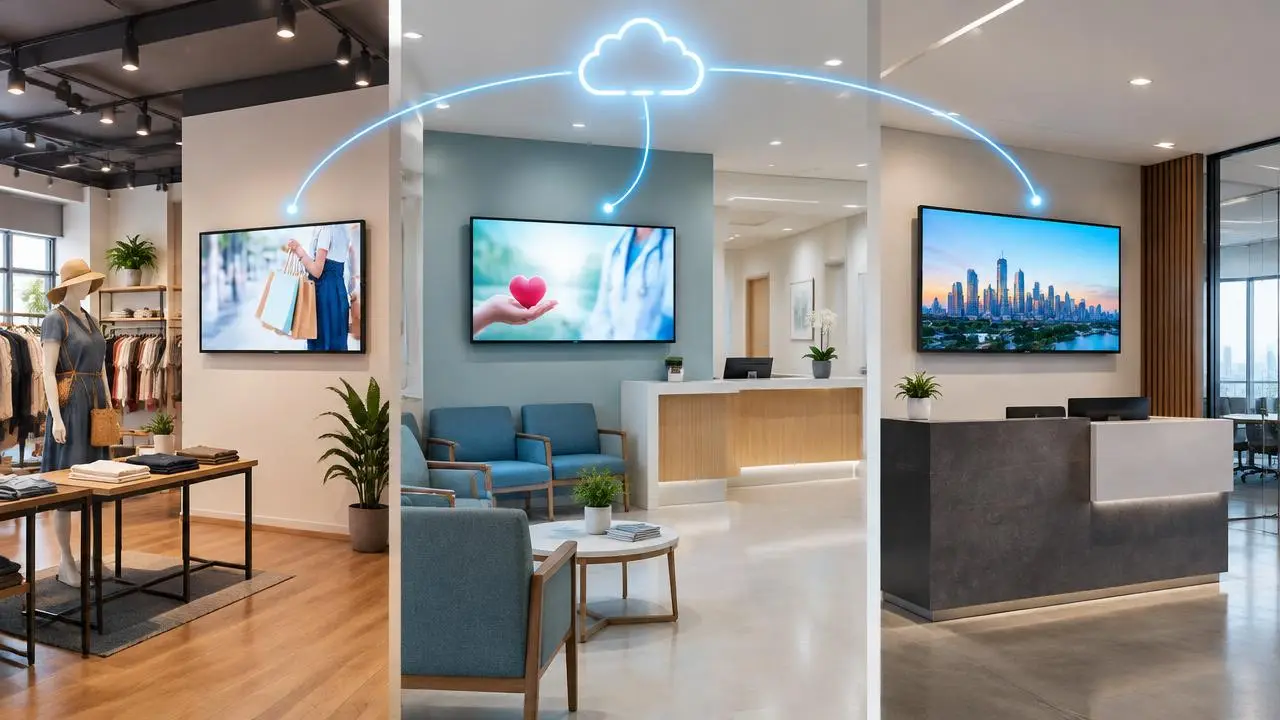 Digital signage screens in a retail store, clinic lobby and office reception connected to one cloud platform