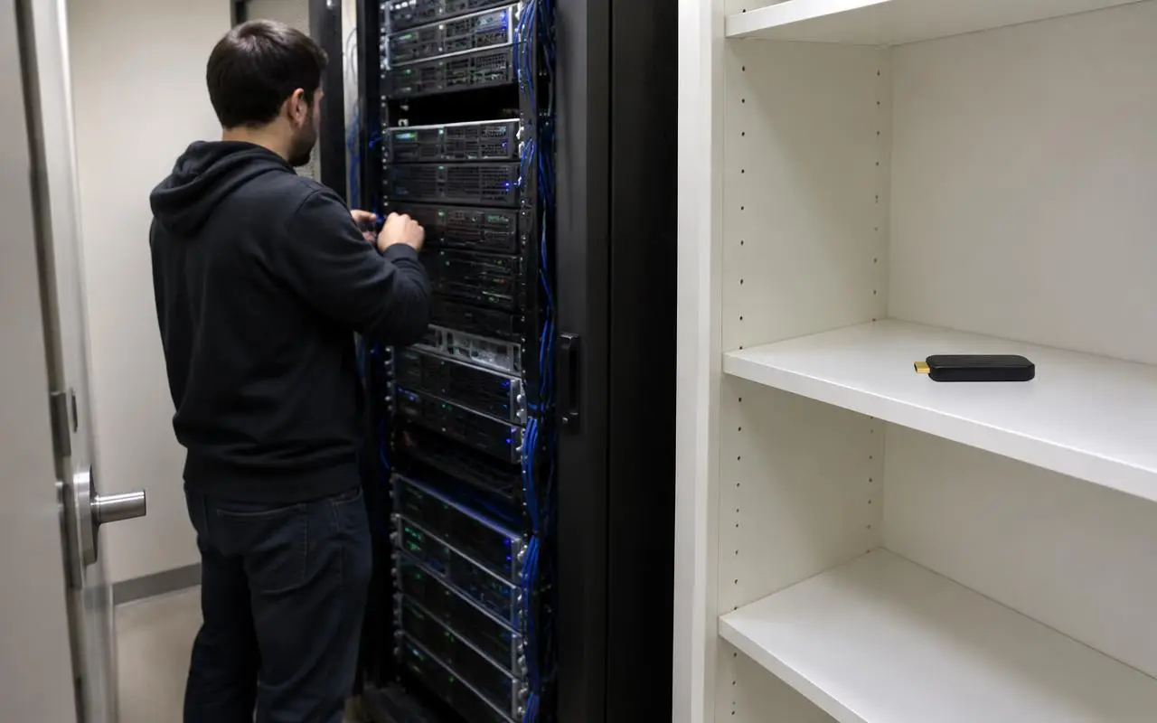 IT technician maintaining an on-premise server rack next to a shelf holding only a small signage media player