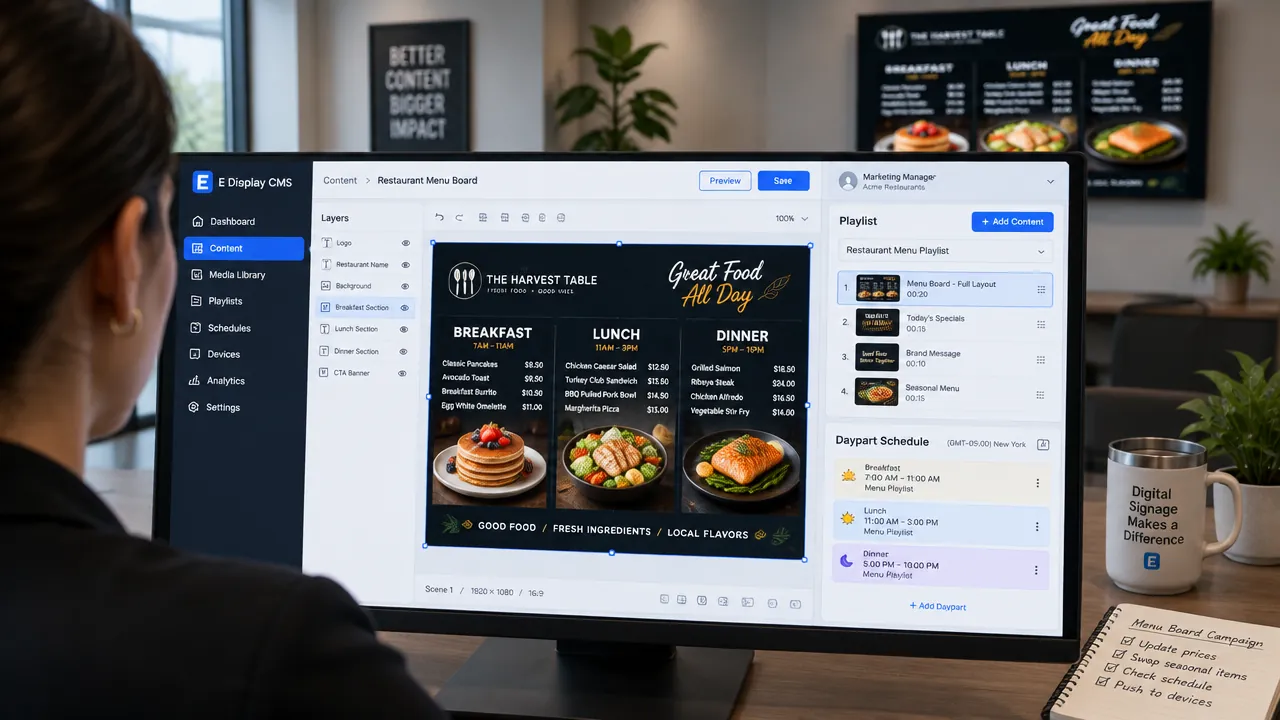 Marketer building a menu board scene in the E Display digital signage CMS, with the media library, playlist and daypart schedule visible in the dashboard