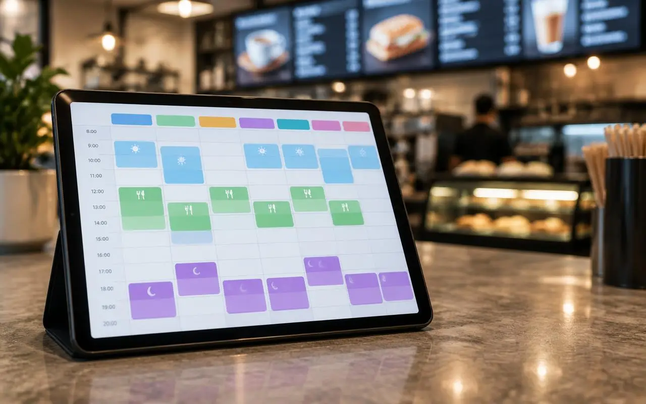 Tablet showing a weekly digital signage schedule with breakfast, lunch and evening content blocks on a café counter
