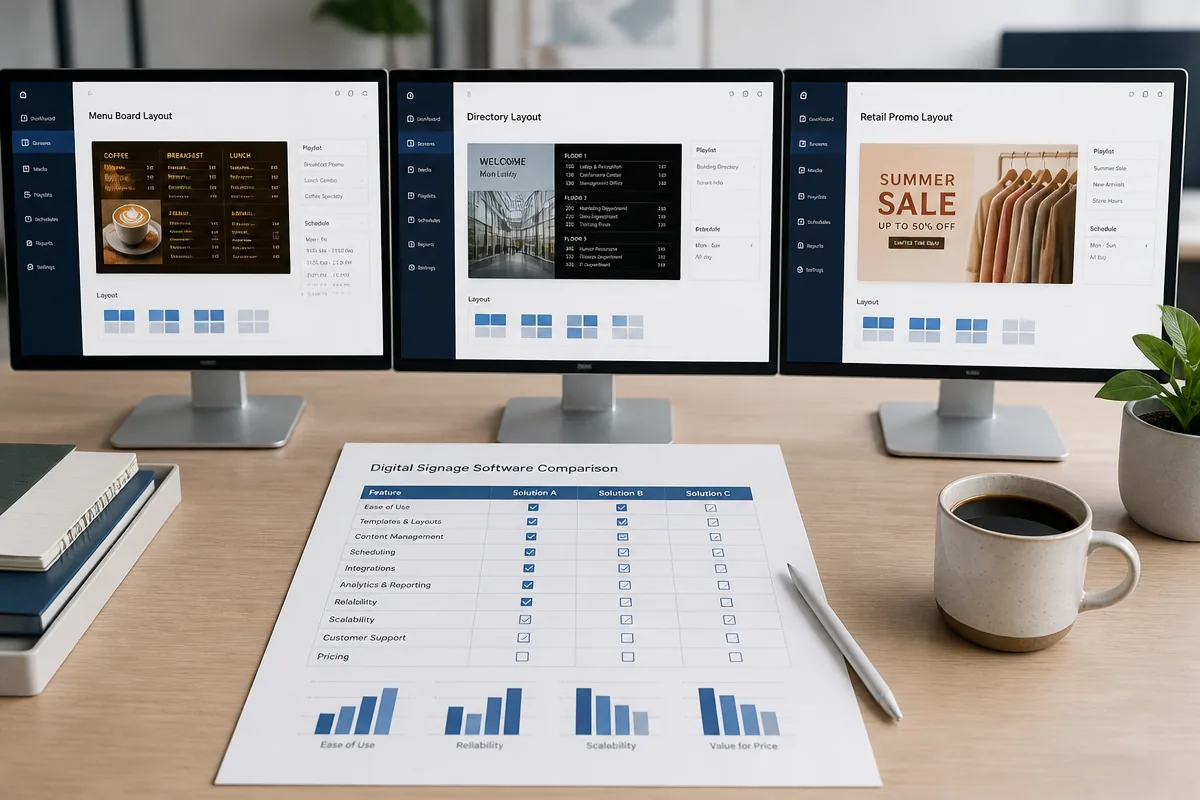 Three monitors showing different digital signage software layouts with a printed comparison checklist on a desk