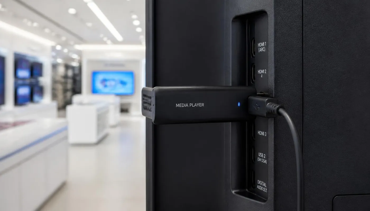 Small black digital signage media player stick plugged into the HDMI port on the back of a wall-mounted television