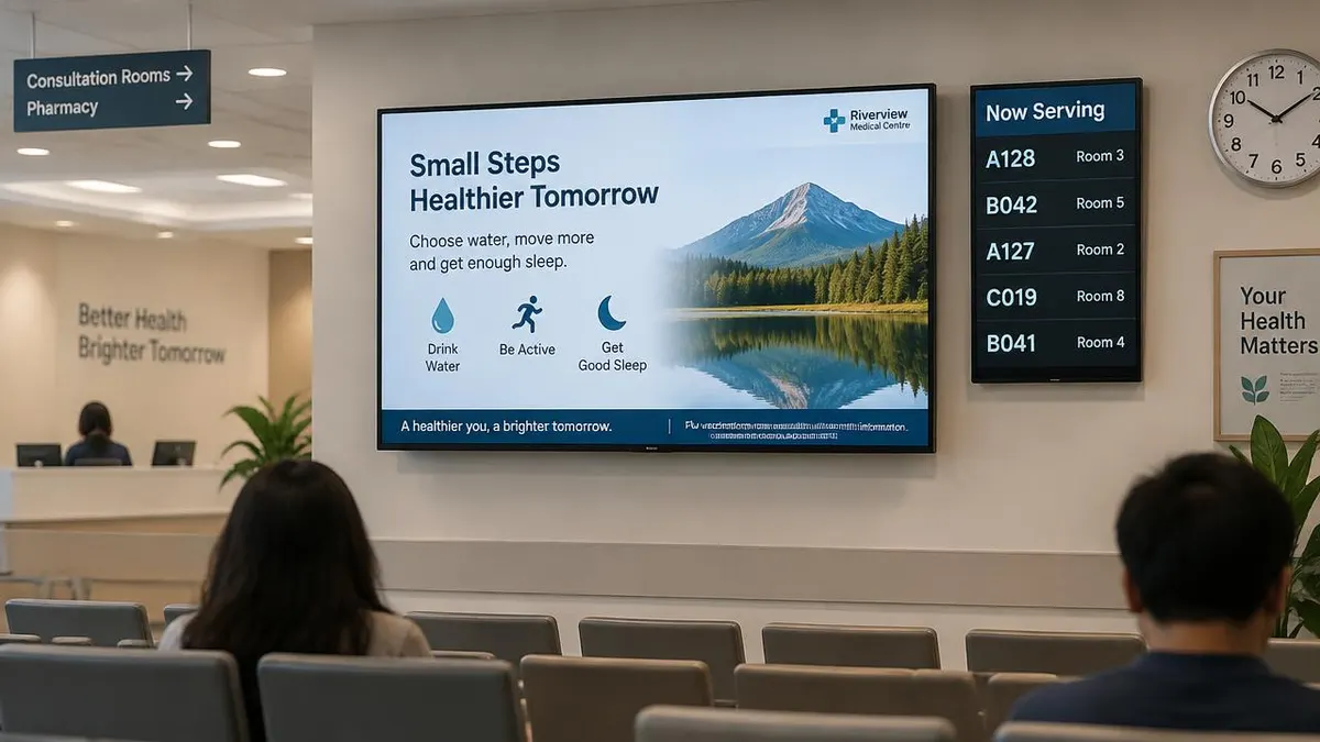 Clinic waiting room with a digital signage screen showing health tips and a separate now-serving queue display