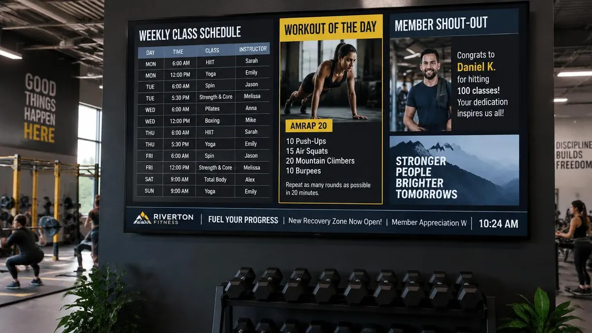Gym digital signage showing a weekly class schedule, workout of the day, member shout-out and a news ticker with the time