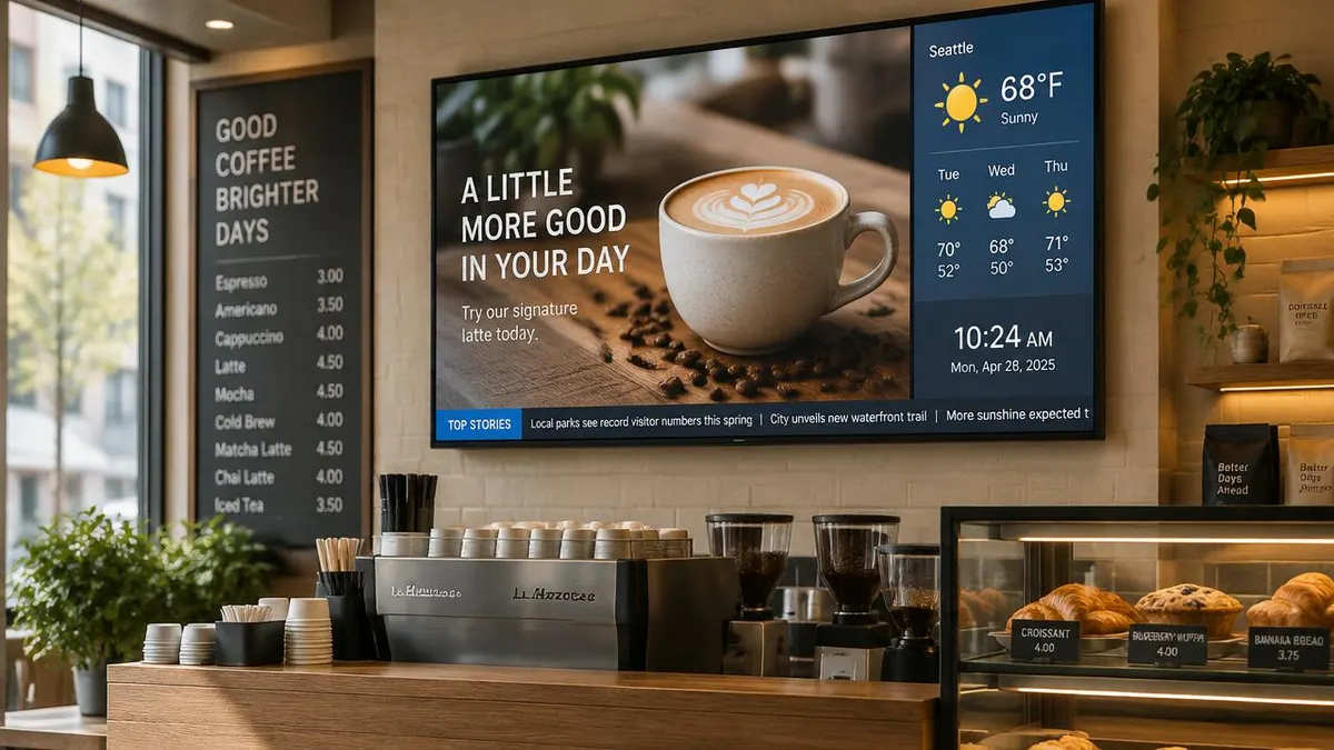 Cafe digital signage screen with a latte promotion, live weather forecast, clock and a scrolling news ticker along the bottom