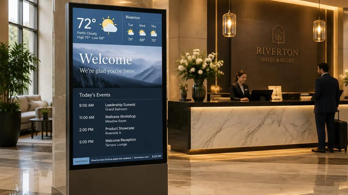 Portrait digital signage screen in a hotel lobby showing a weather forecast, welcome message, today's events and a news ticker