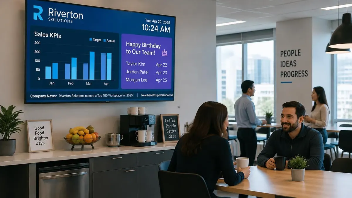 Office break room digital signage showing a sales KPI bar chart, team birthdays, the time and a company news ticker