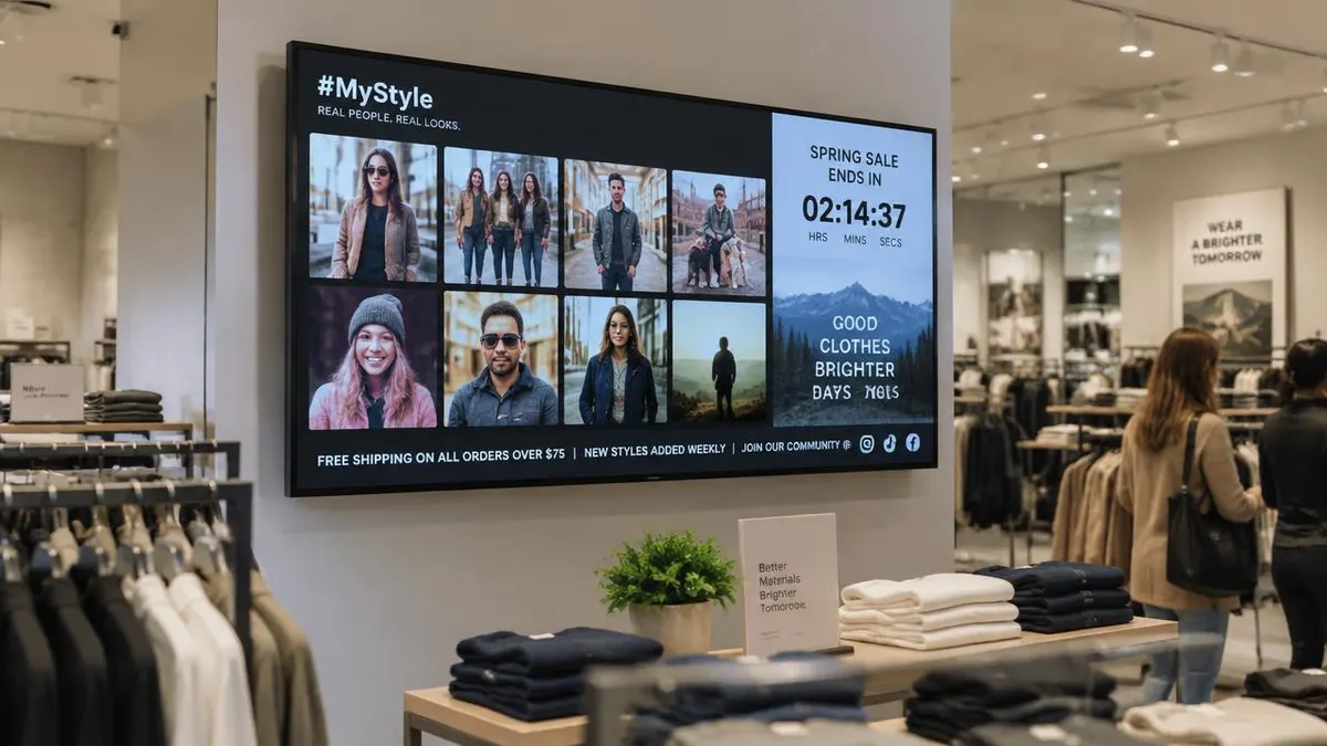 Retail store digital signage showing a social media photo wall, a spring sale countdown timer and a promotions ticker