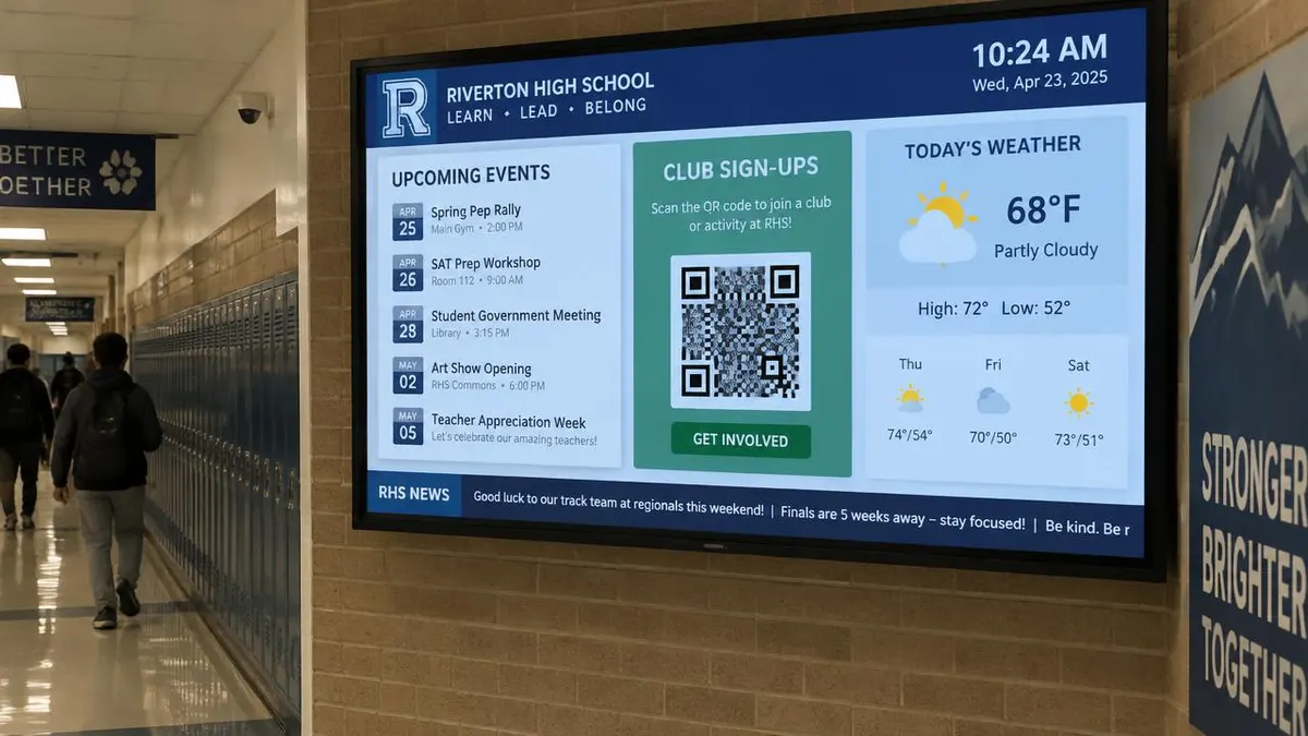 School hallway digital signage with upcoming events, a club sign-up QR code, a weather forecast and a scrolling school news ticker