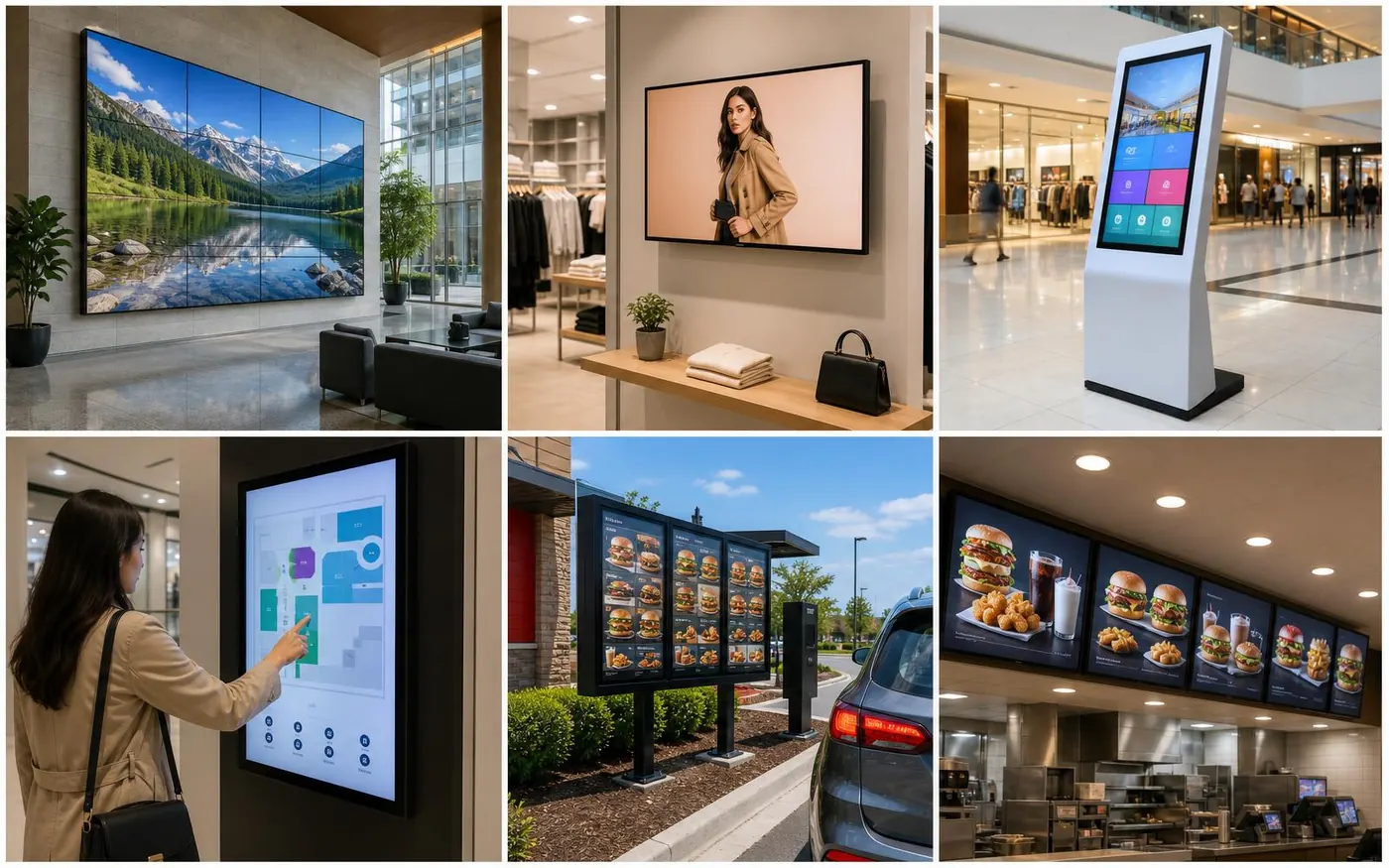 E-signage screen types: video wall, wall-mounted display, touch-screen kiosk, interactive wayfinding directory, drive-thru menu board and indoor menu boards