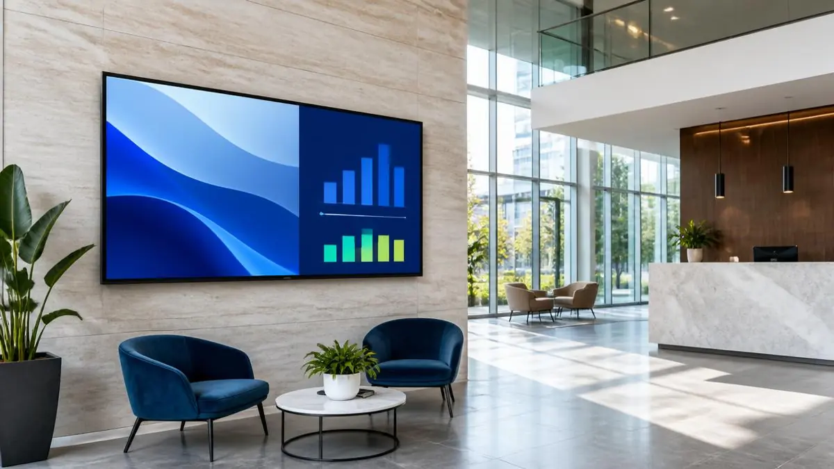 Wall-mounted electronic signage display in a bright modern office lobby