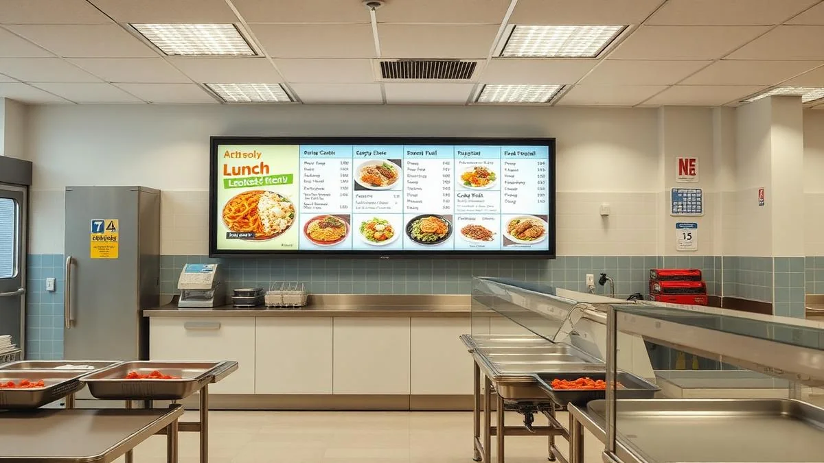 Digital menu board above the serving counter in a school dining hall showing daily lunch items