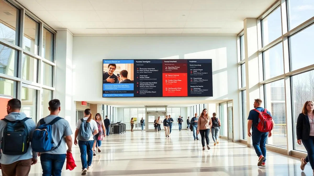 Digital announcement screen in a bright university campus hallway with students walking past