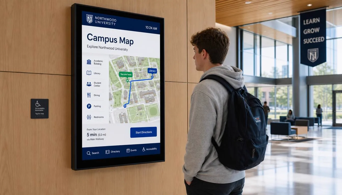 Interactive touchscreen campus wayfinding kiosk showing a campus map with walking directions to the library
